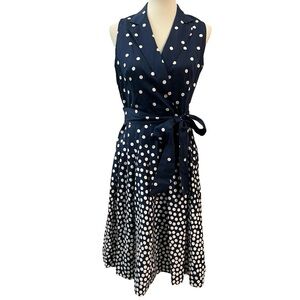 Polka Dot faux wrap fit & flare Sleeveless Navy & Ivory Cadet Dress size 6